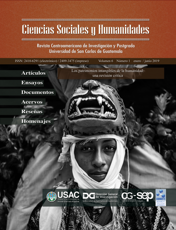 Portada de la Revista Ciencias Sociales y Humanidades 6.1,  danzante &quot;Doce Tigre&quot;  personaje del baile-drama Rabinal Achi 