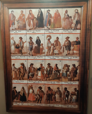 Copia de la pintura &quot;Cuadro de castas&quot;, fotografía tomada en exposición ¿Por qué estamos cómo estamos?, ciudad de Guatemala. La pintura original se encuentra en el Museo Nacional del Virreinato, Ciudad de México. 